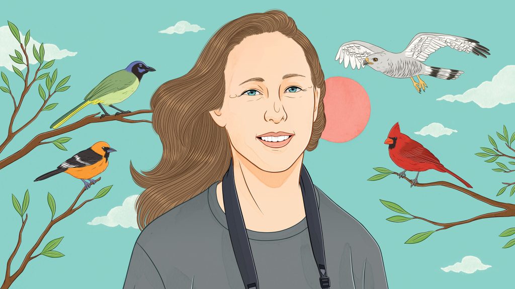 An illustration of a woman with brown hair in front of several types of birds on a blue background