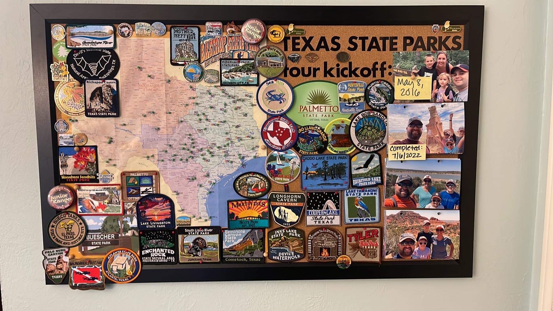 Map of Texas surrounded by patches and pins from the Texas State Parks and all green pins marking the parks where the Strauss family has visited