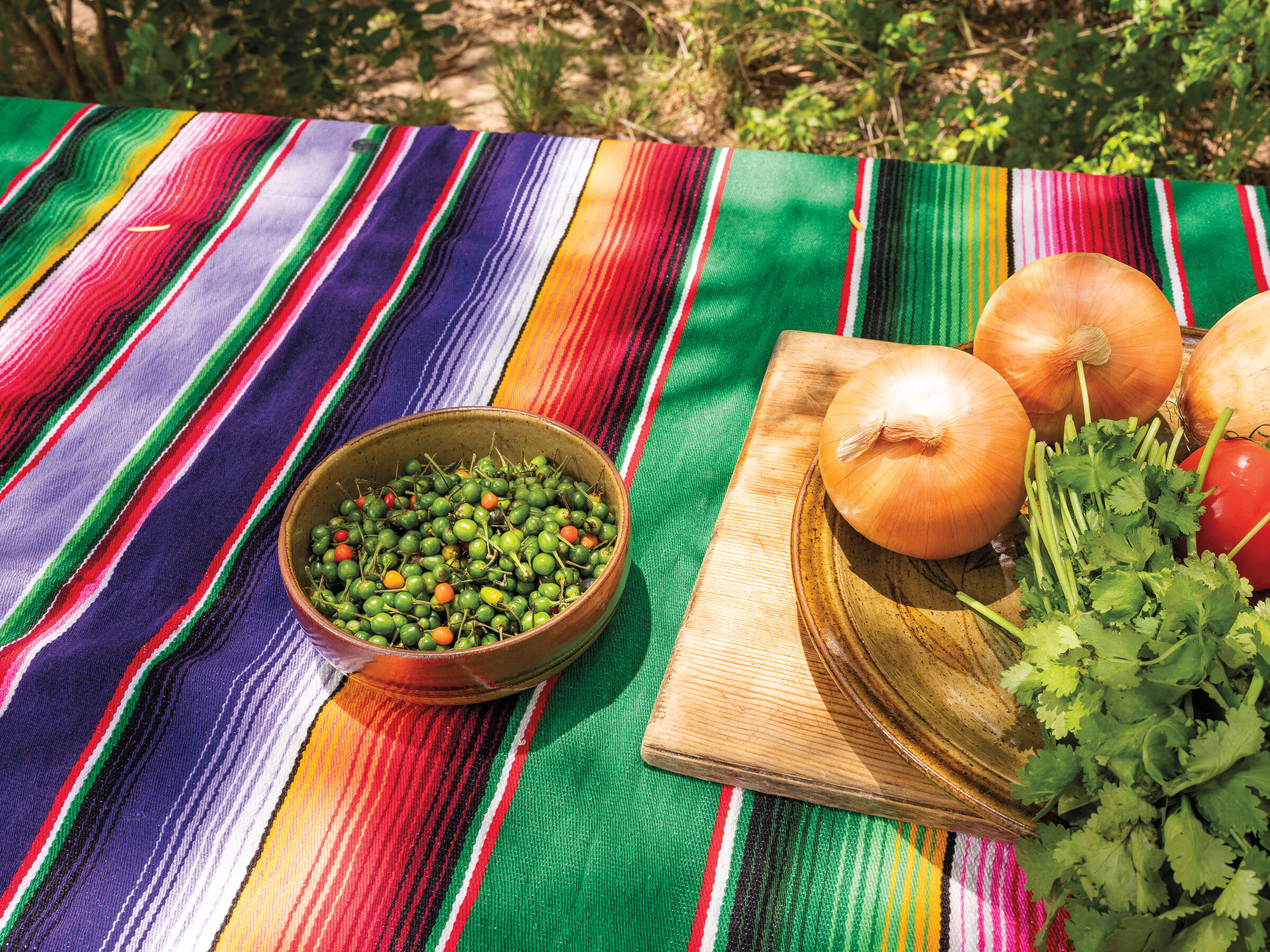 A bowl of red and green chili pequin on a colorful Serape style blanket
