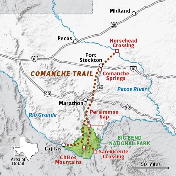 A map showing the BIg Bend region of Texas and the Comanche Trail route toward what is now the Permian Basin