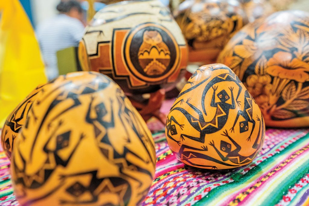 A collection of intricately decorated orange fruits with black markings in the shape of lizards and other animals