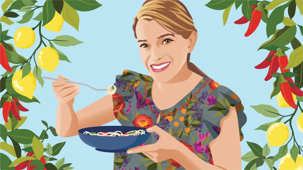A brightly-colored illustration of a woman holding a bowl of food surrounded by lemons, peppers, and other vegetables