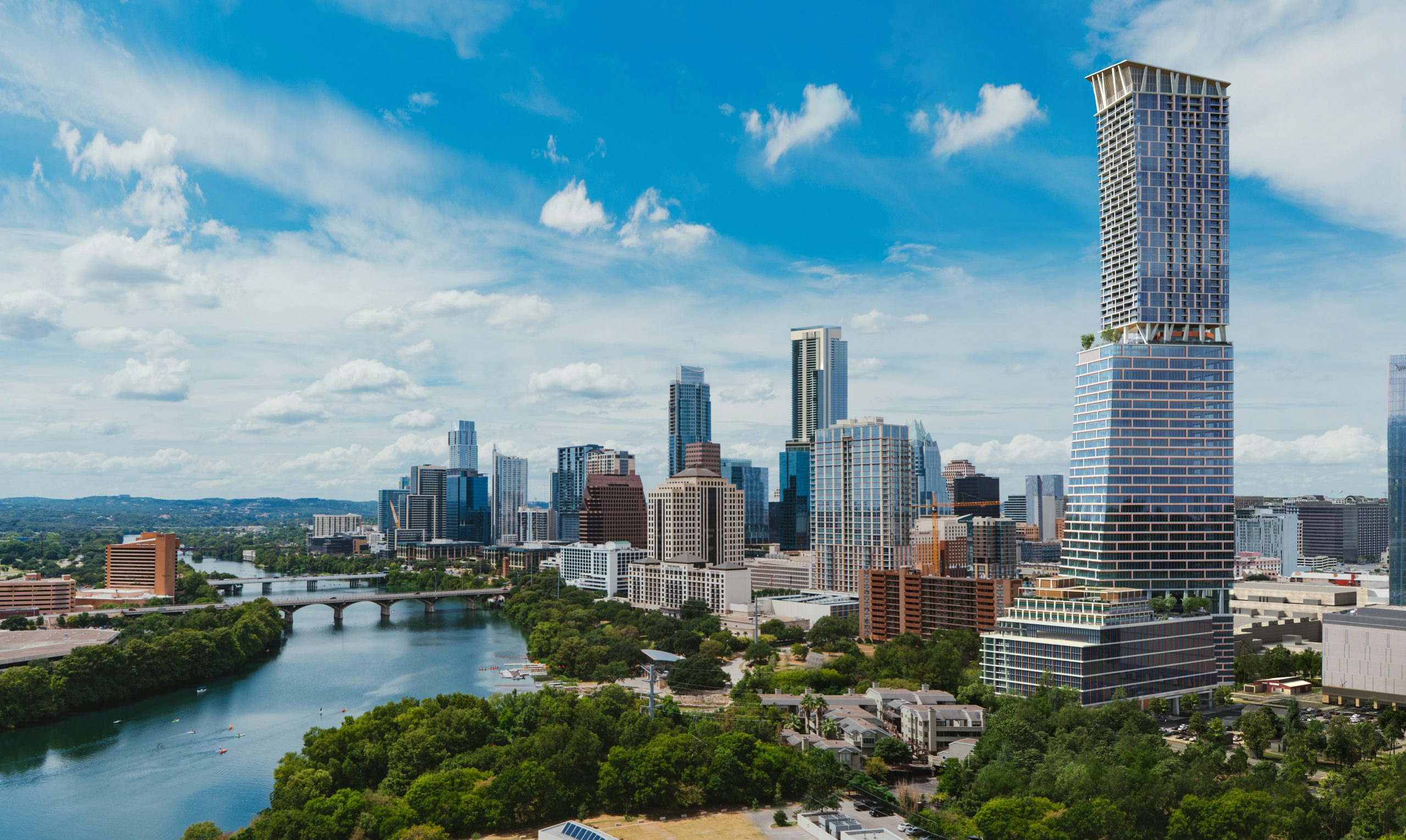 An artist rendering of the Austin skyline with the Waterline on the right of the photo. Soaring to 1,022 feet, Waterline will become the tallest tower in Texas when it opens in 2026. Source: Atchain