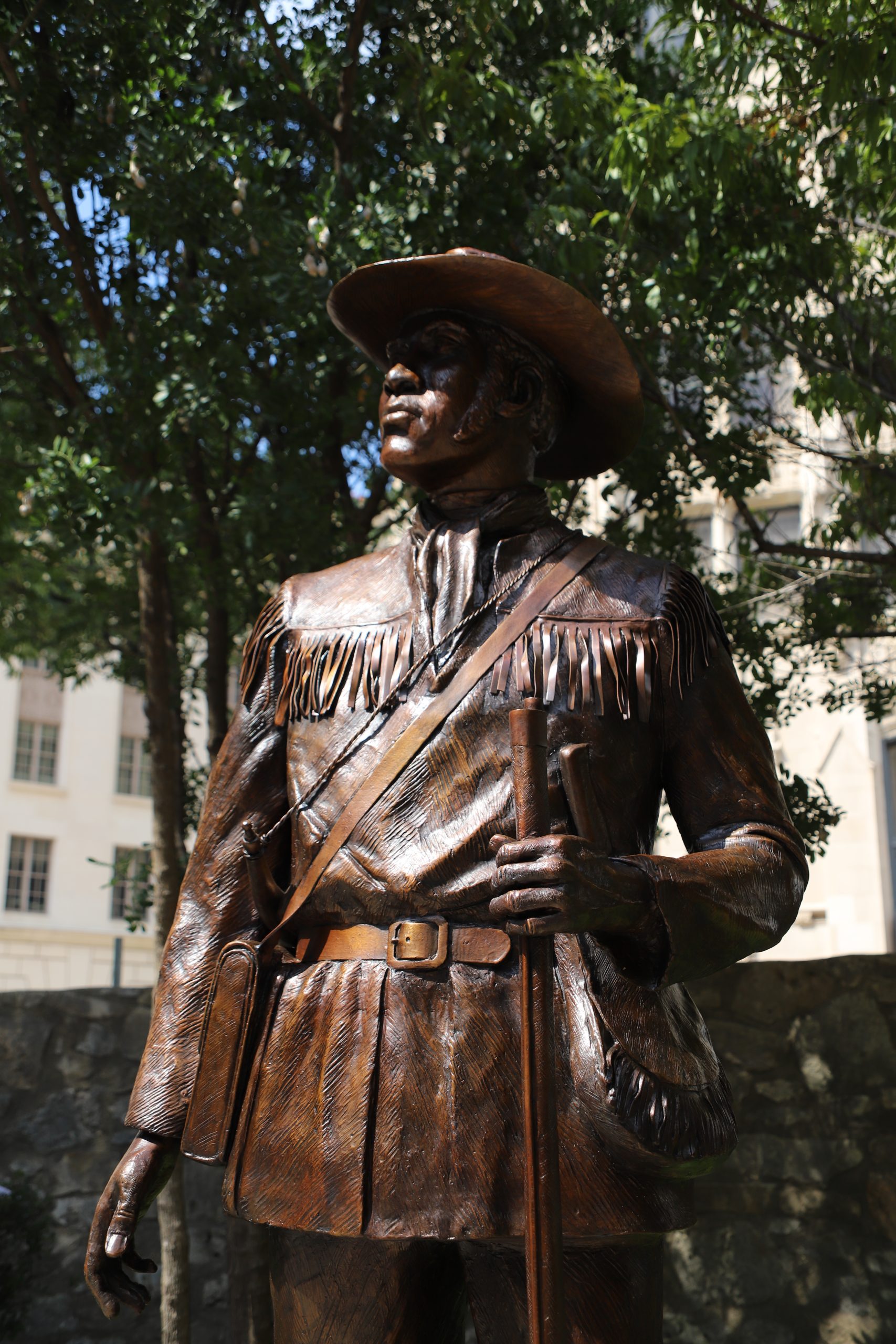The statue of Hendrick Arnold, a guide and spy during the Texas Revolution, as seen from the hips up. The statuewas created by Colorado artist Ed Dwight. Photo courtesy of the Alamo Trust, Inc. 