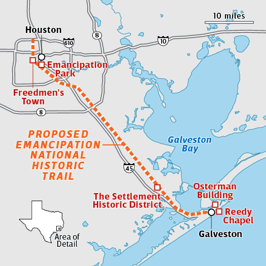 A map showing the proposed emancipation national historic trail