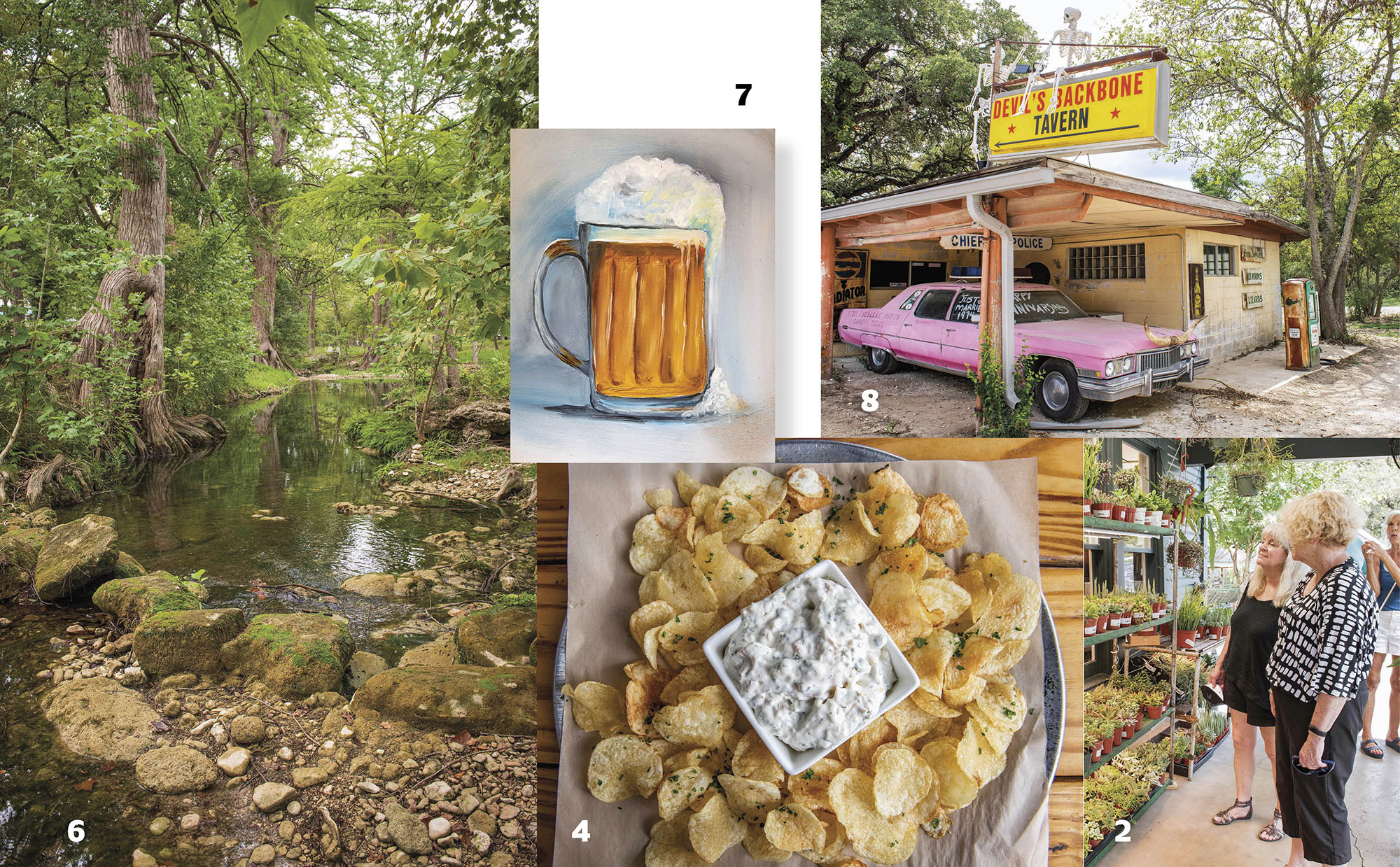 A collage of the different places mentioned in this story, including Blue Hole, Art on 12, and Wimberley Square