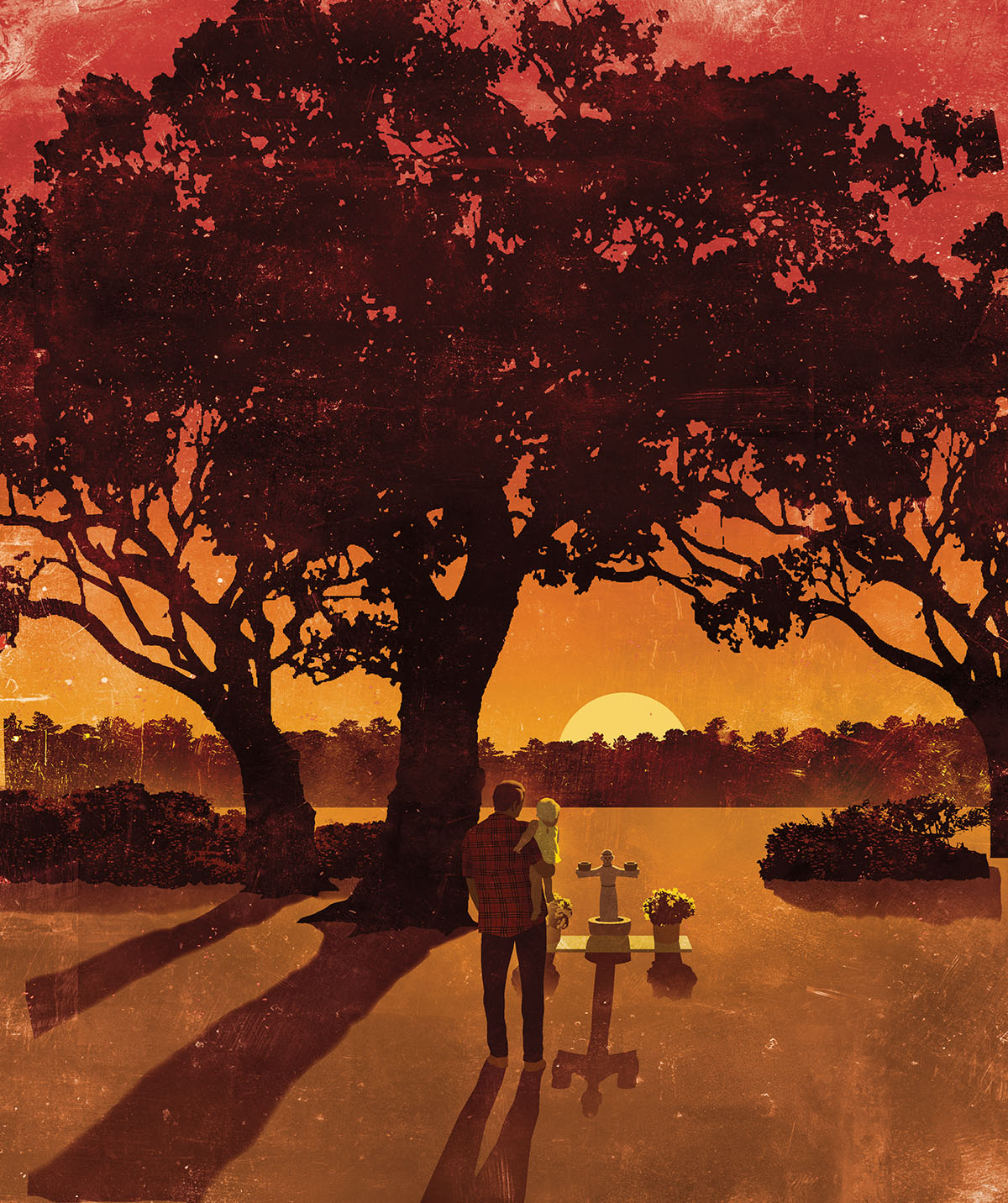 An illustration of a man holding a child in front of a gravestone, in a yellow/orange lit area under large trees