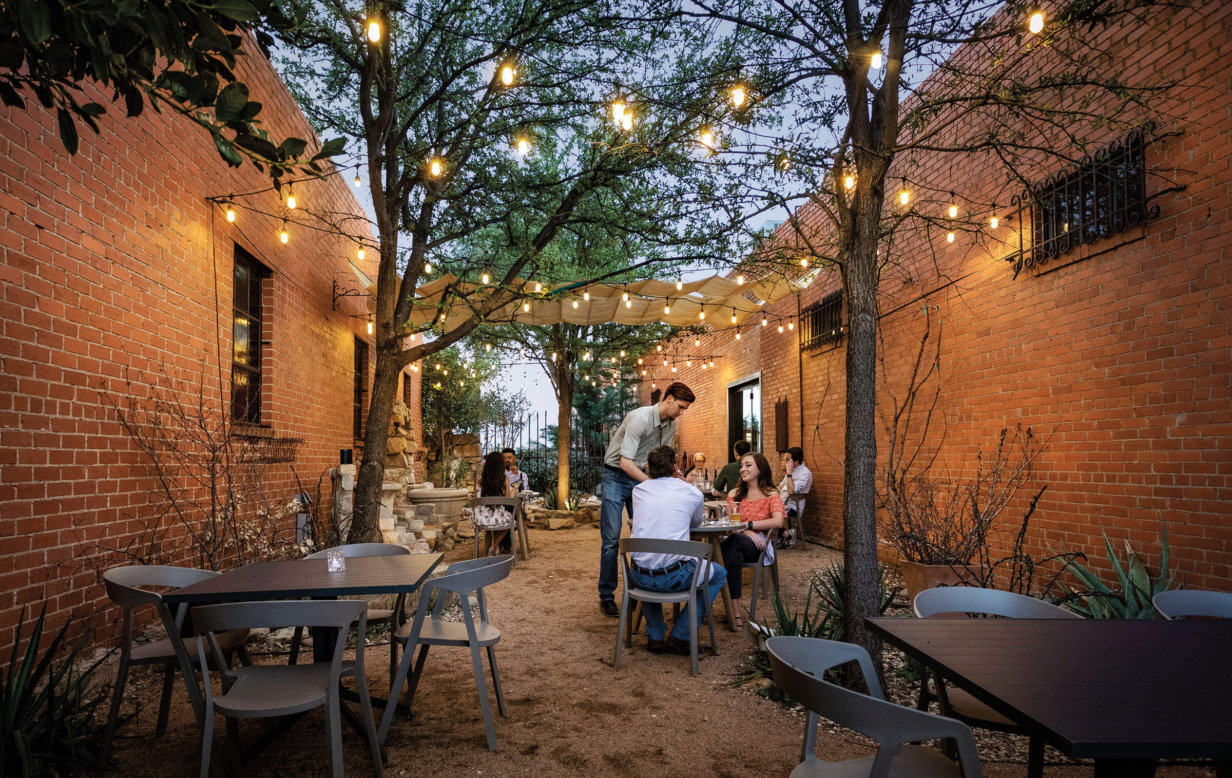 Diners sit in a brick-walled courtyard under trendy string lights and trees