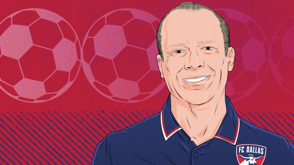 An illustration of a man in a blue collared shirt reading FC Dallas on a red background with soccer balls