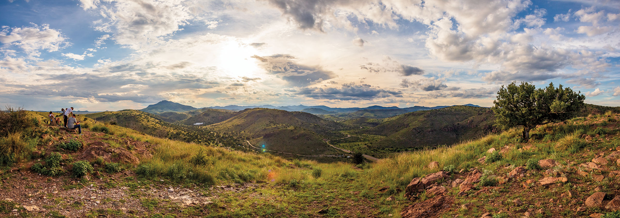 A panoramic view of the Davis Mountains under a broad blue sky with clouds and a few trees