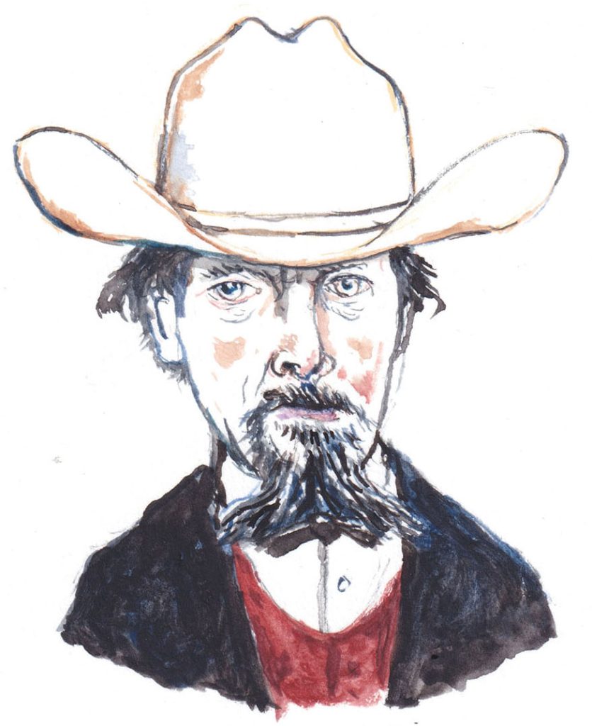 An illustration of a man with a short beard wearing a large cowboy hat