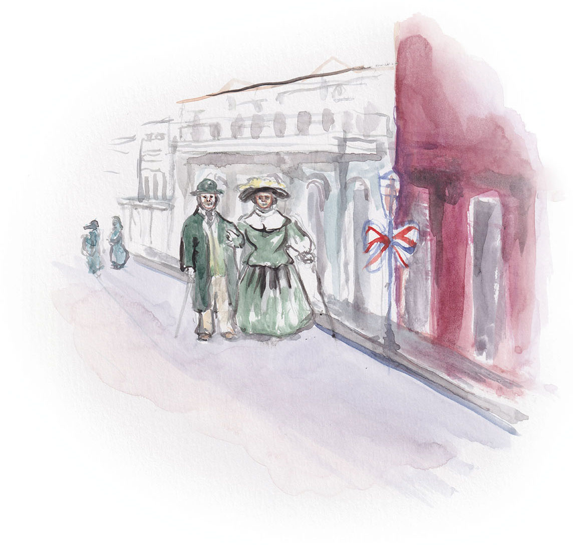 A watercolor illustration of two people walking down a sidewalk next to tightly packed buildings