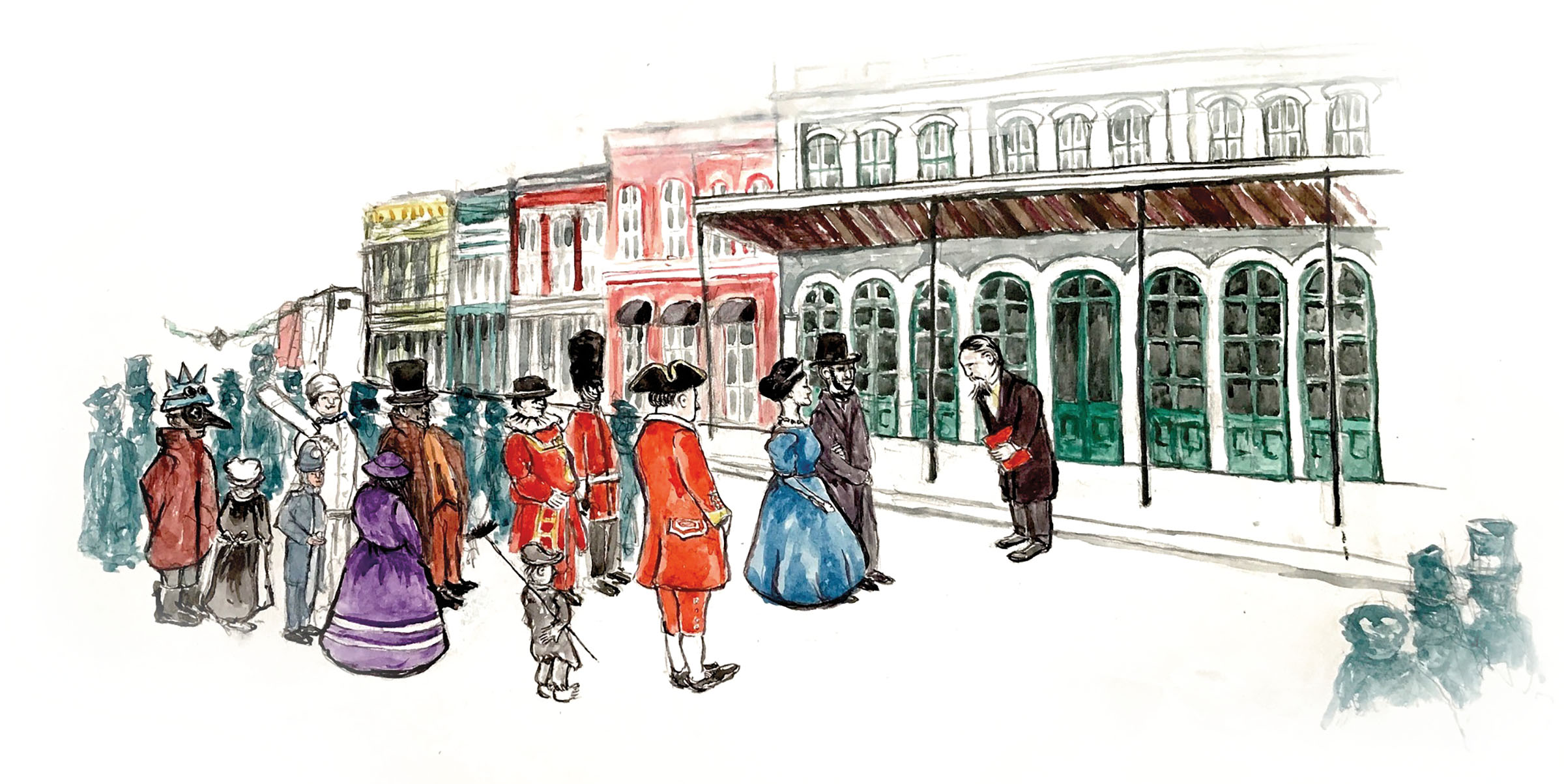 A watercolor illustration of a group of people waiting outside of a Victorian-style building