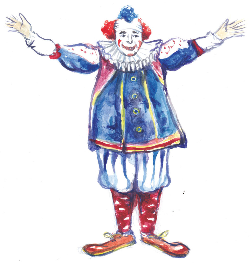 A watercolor illustration of a clown wearing a red white and blue suit with large red shoes