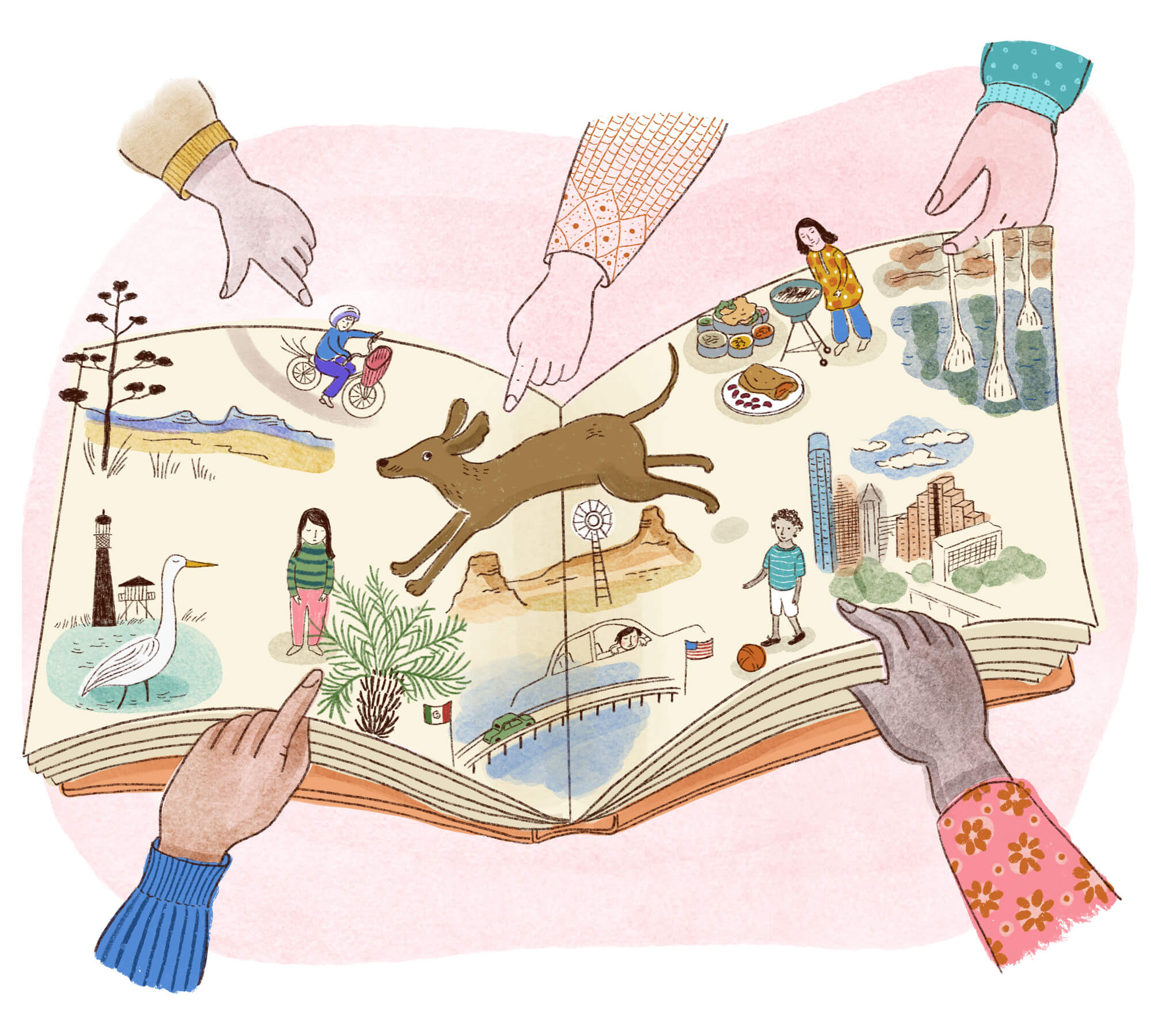 An illustration of young hands pointing to pages of a book with characters jumping off the page