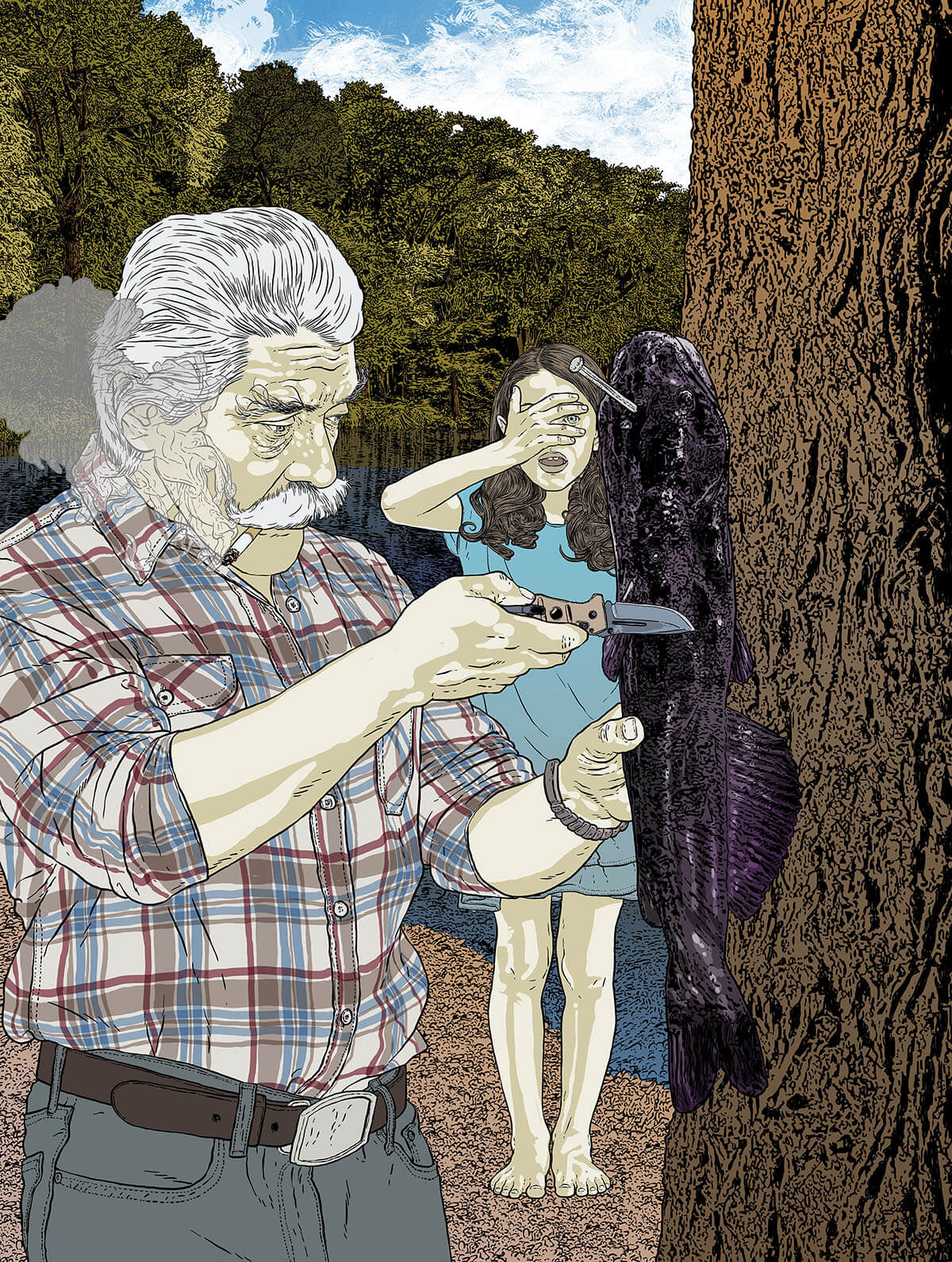 An illustration of a young woman covering her eyes as an older man carves into a brown tree with a small knife