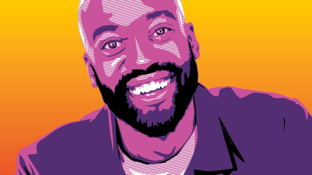 An illustration of a man with a short beard smiling brightly for the camera