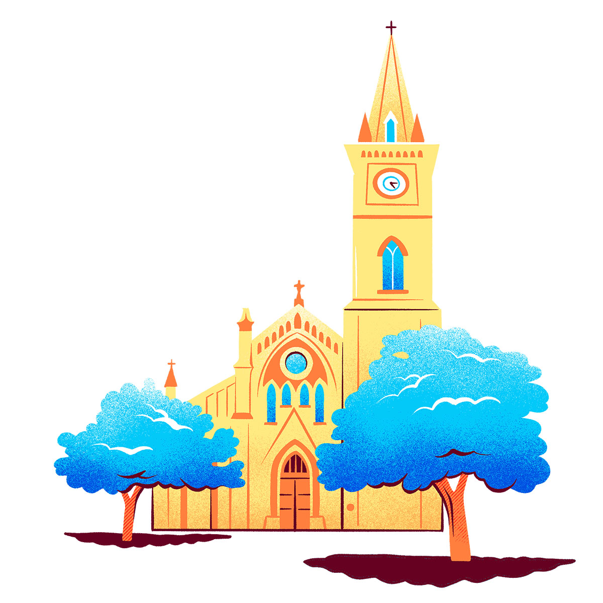 An illustration of a tall golden cathedral