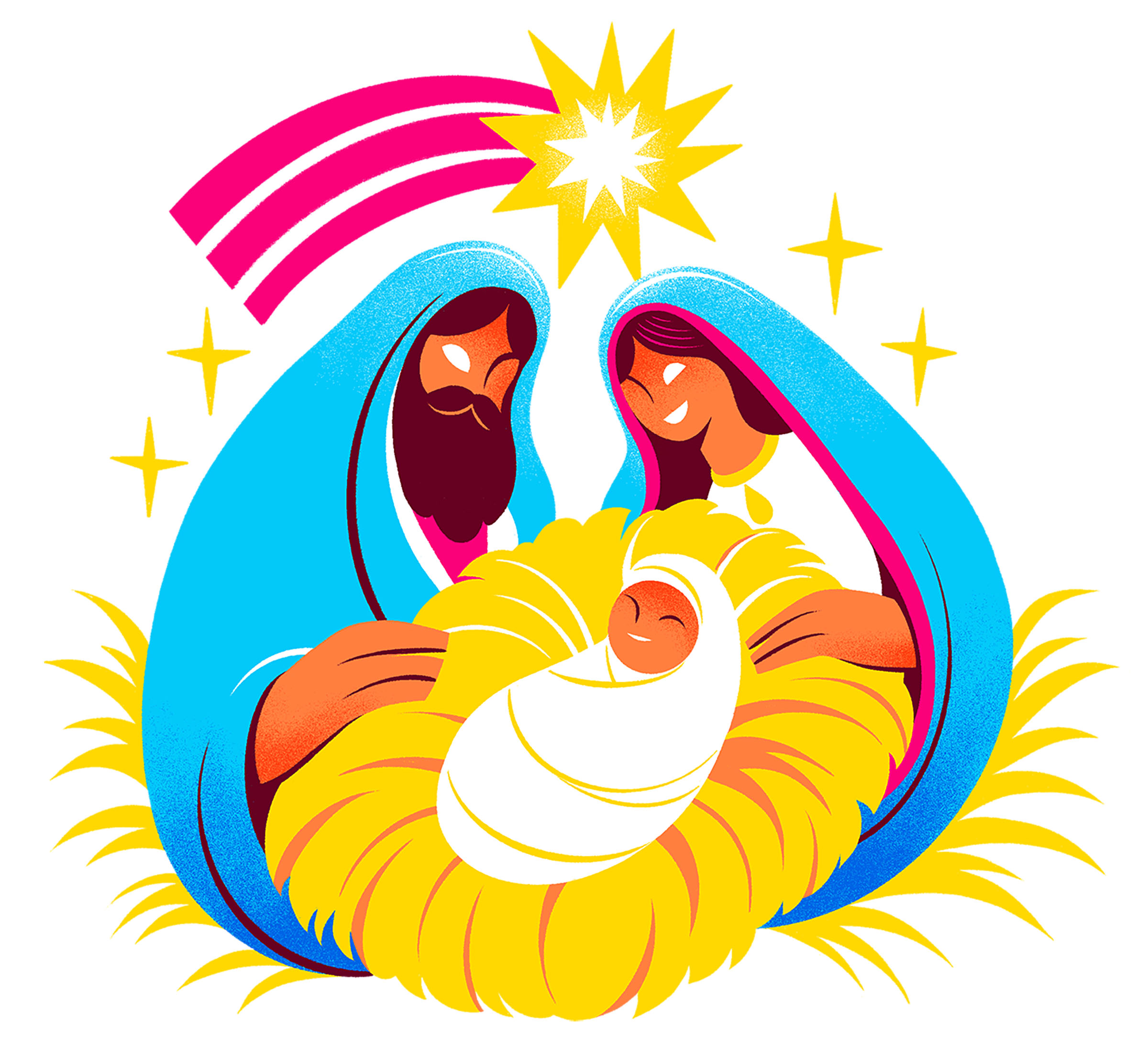 An illustration of Mary and Joseph celebrating the birth of Christ under a shooting star