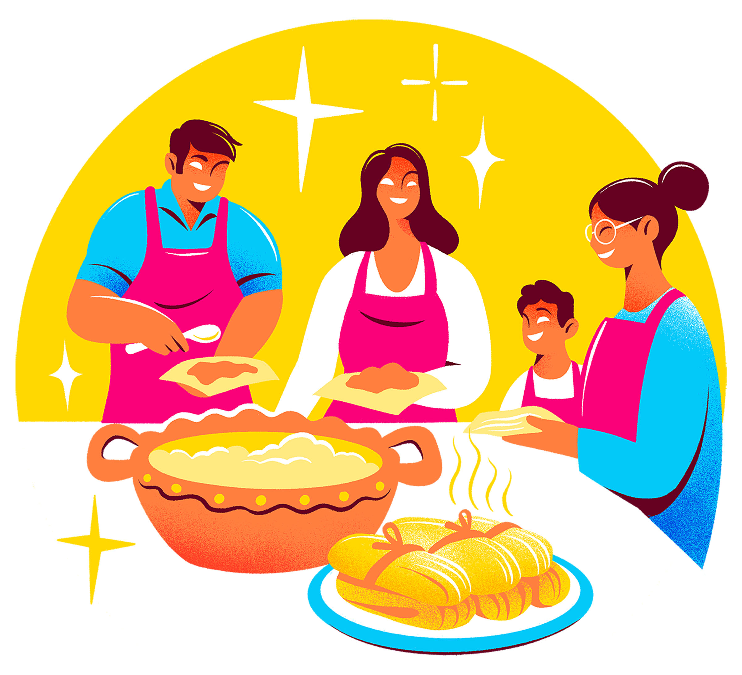 A colorful illustration of a group of people making tamales
