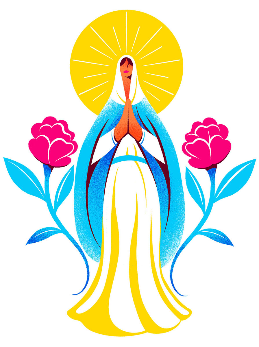 An illustration in yellow, blue and pink of the Virgin Mary in front of a sun