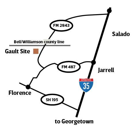 A map showing the Gault site, between Florence, Jarrell and Salado on FM 2843