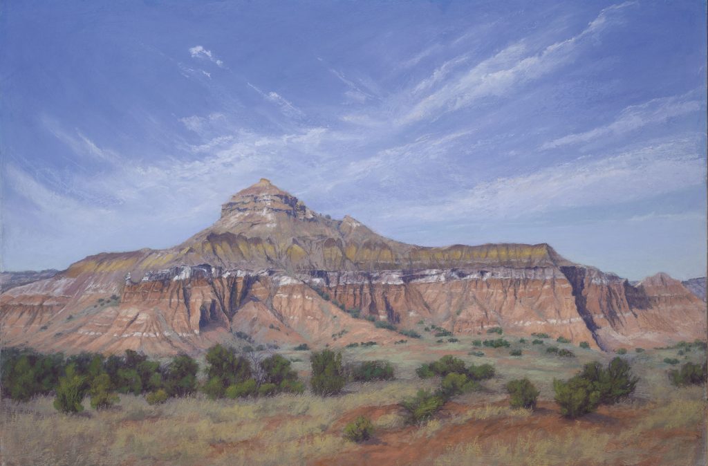 A painting of a tall rock formation under blue sky