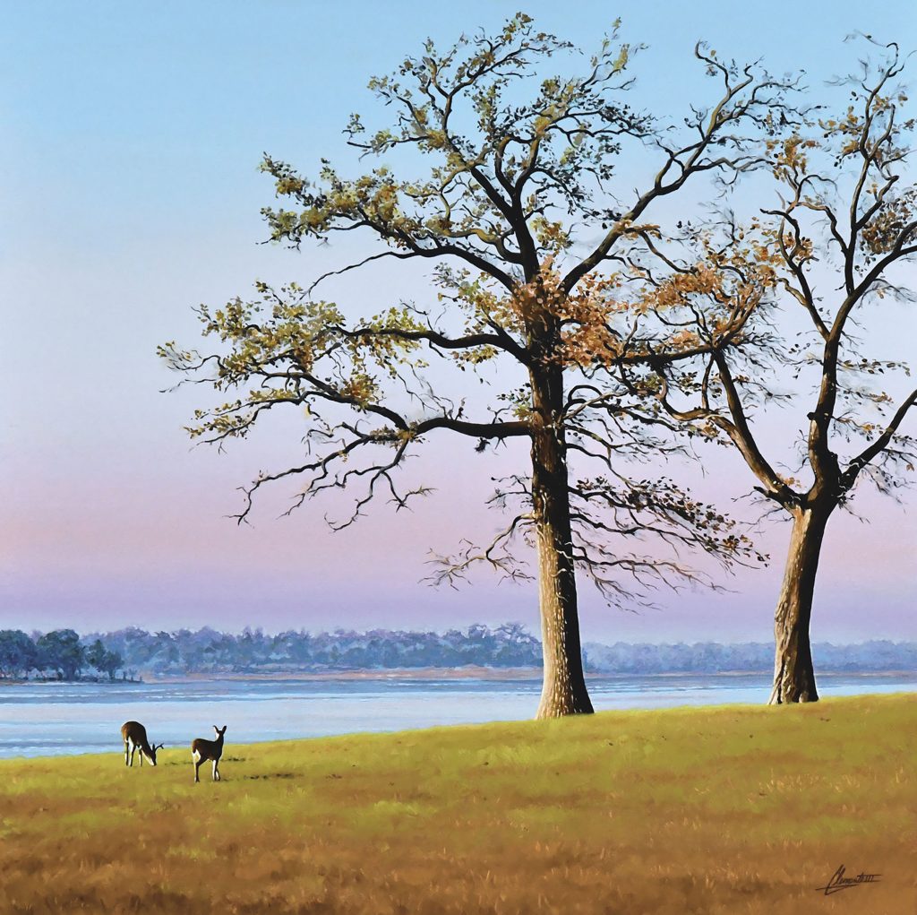 A painting of two deer on the shoreline of a lake under tall trees