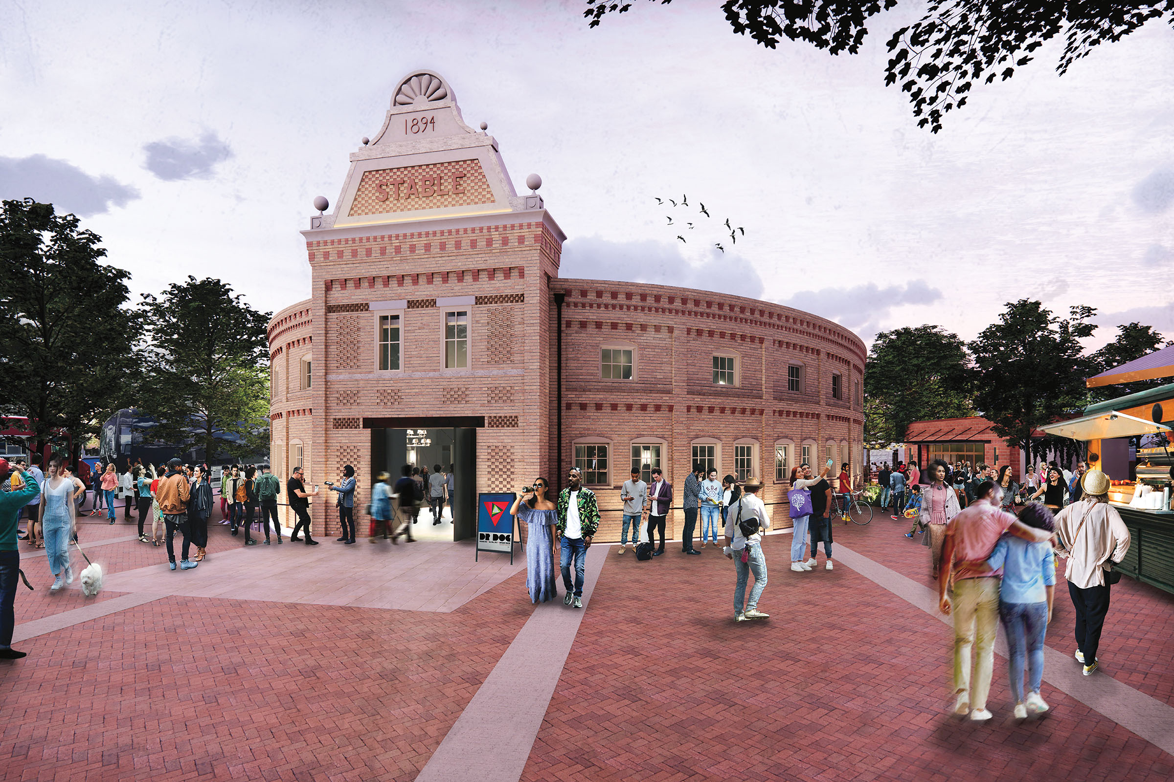 A rendering of the exterior of a red brick building with people milling about in front