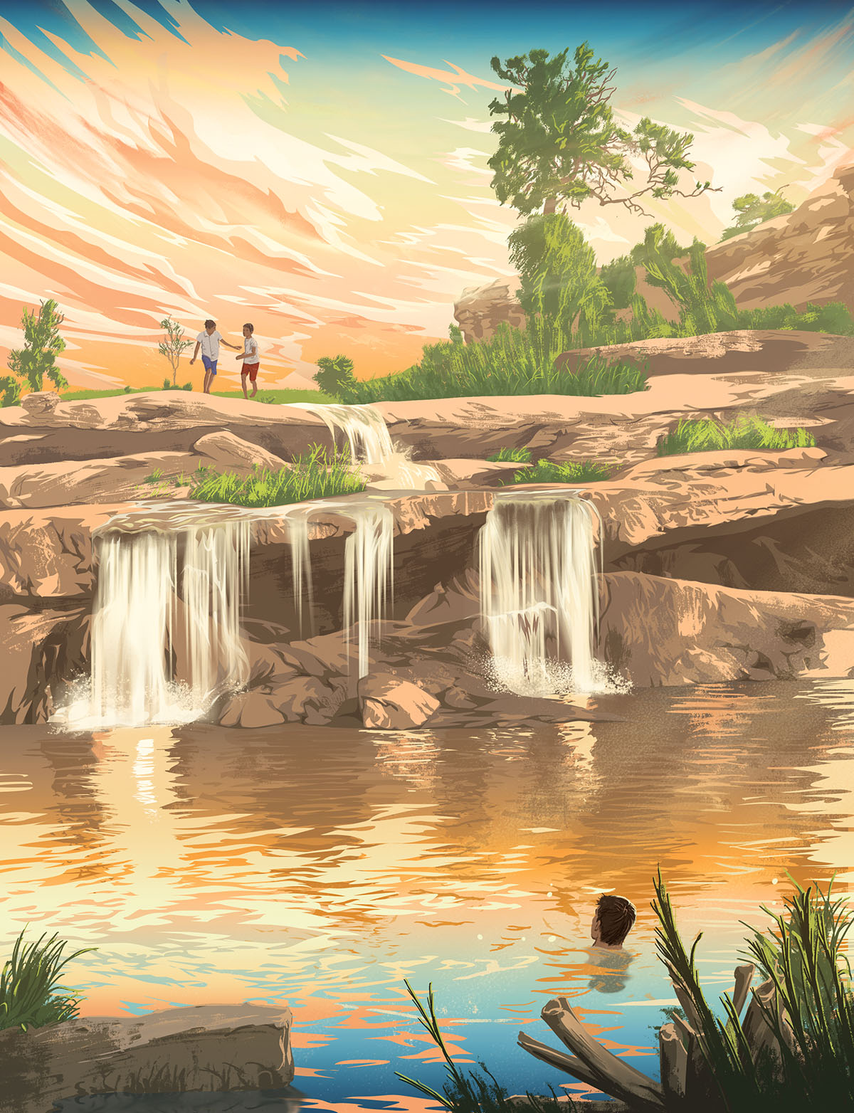 An illustration of people standing and swimming in falls over rocks