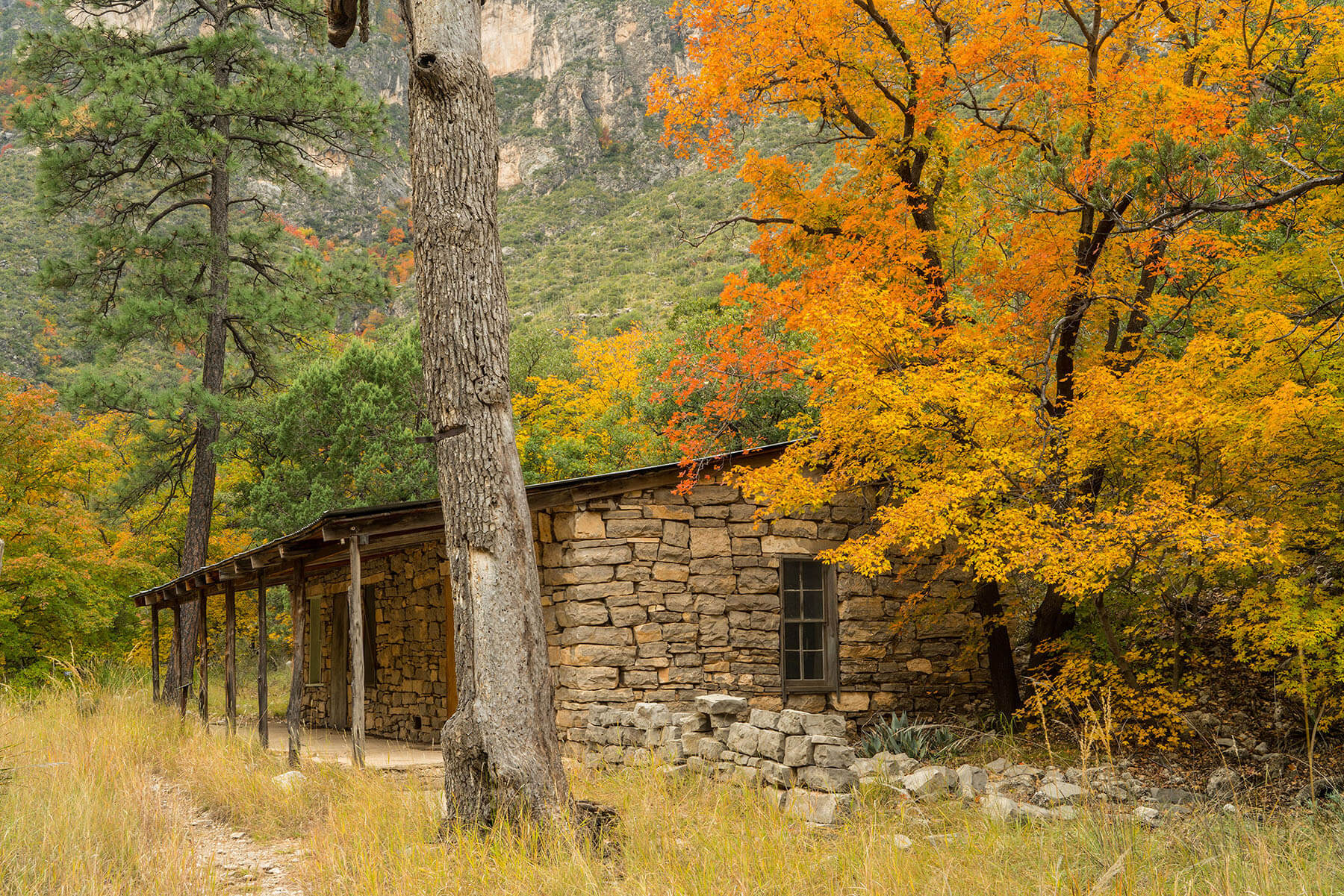 A photo of a stone house with brightly colored trees nearby in front of a sheer rock face