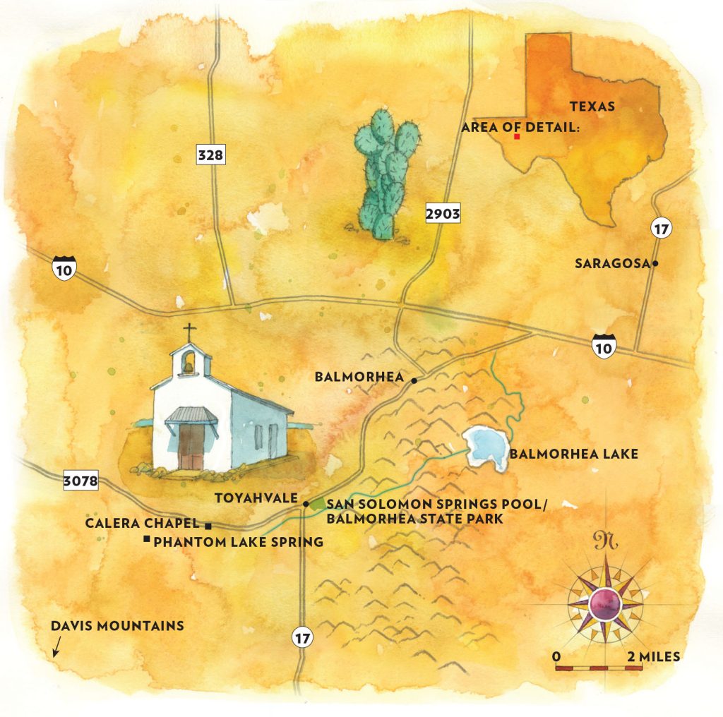 An illustration showing the location of Balmorhea, Balmorhea Lake, San Solomon Springs, Toyahvale, and the surrounding roads