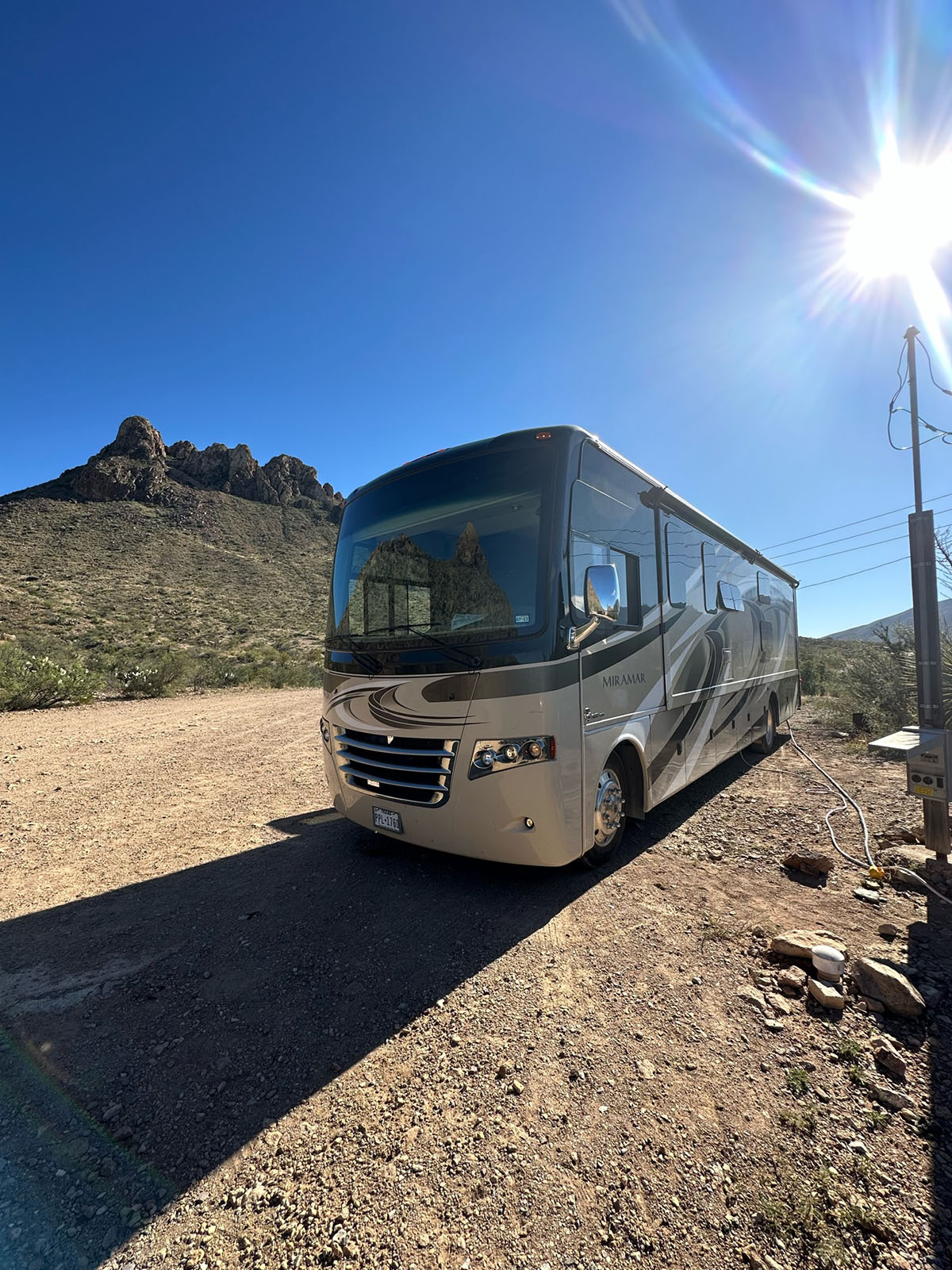 Class A 2015 Thor Motor Coach standing still in the Big Bend area