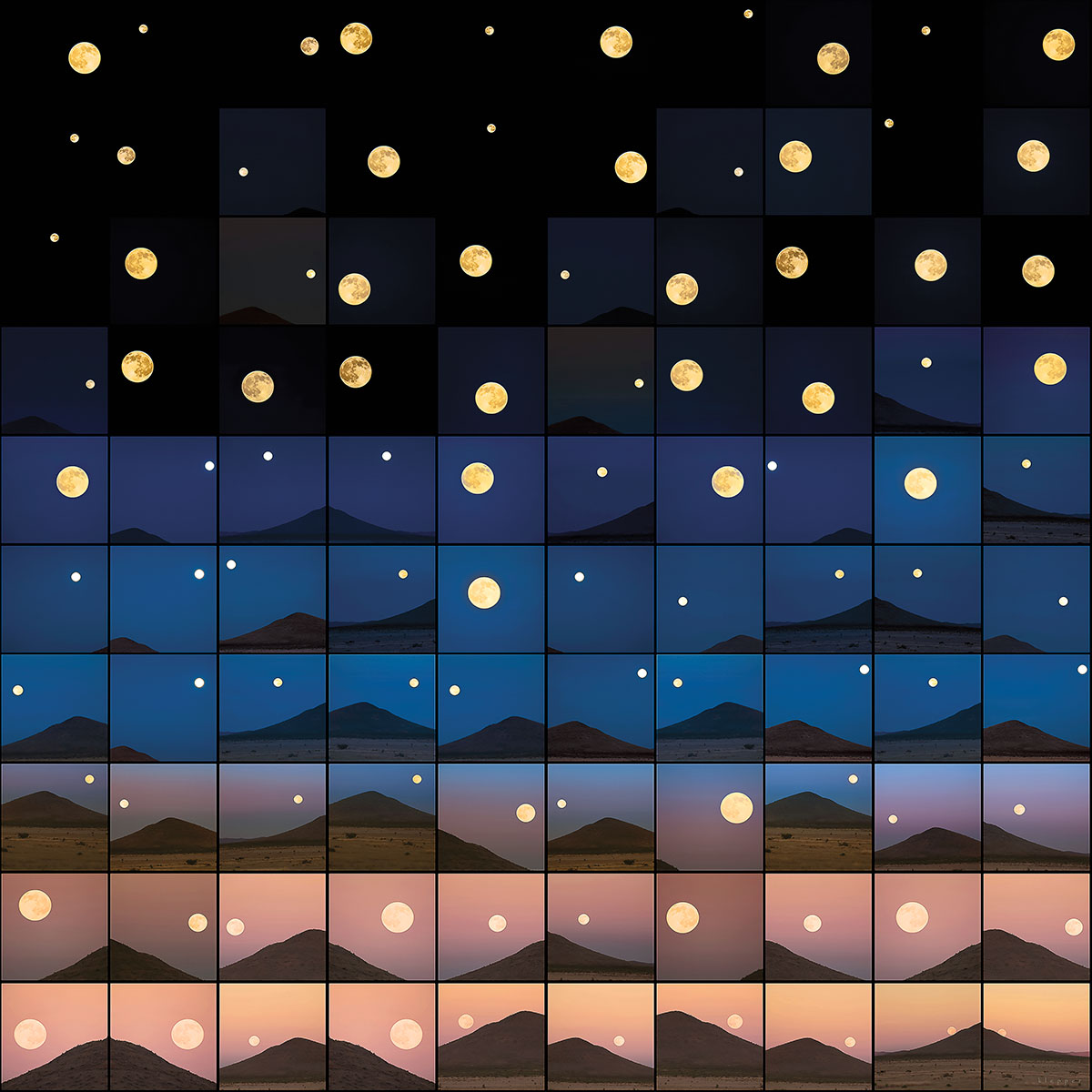 mosaic of moonrises in the Texas desert in front of dark blue, warm blue, and pink sky
