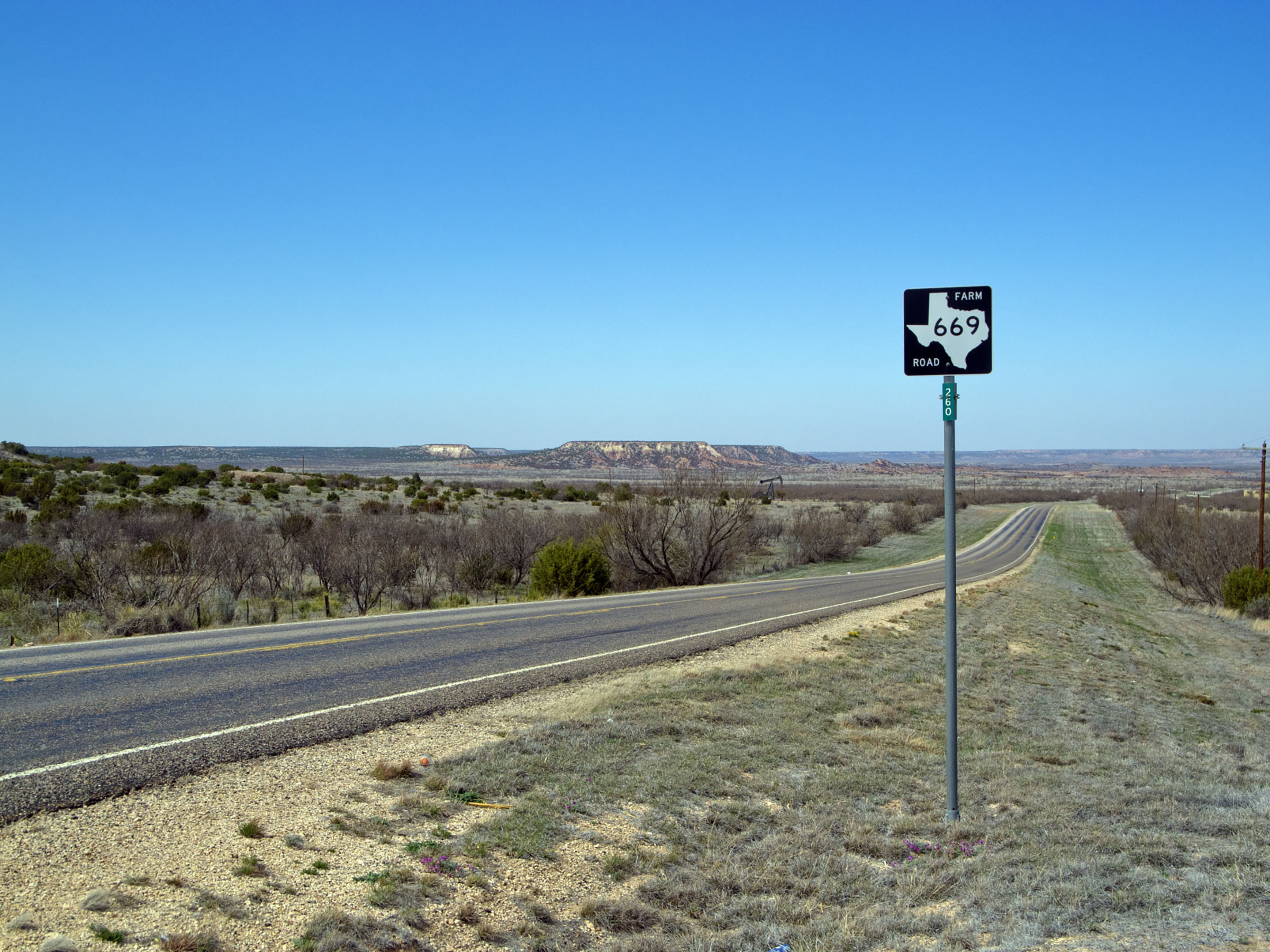 A highway sign post reading "Farm Road 669" stands in the foreground of a dry rural Texas scene along gray asphalt