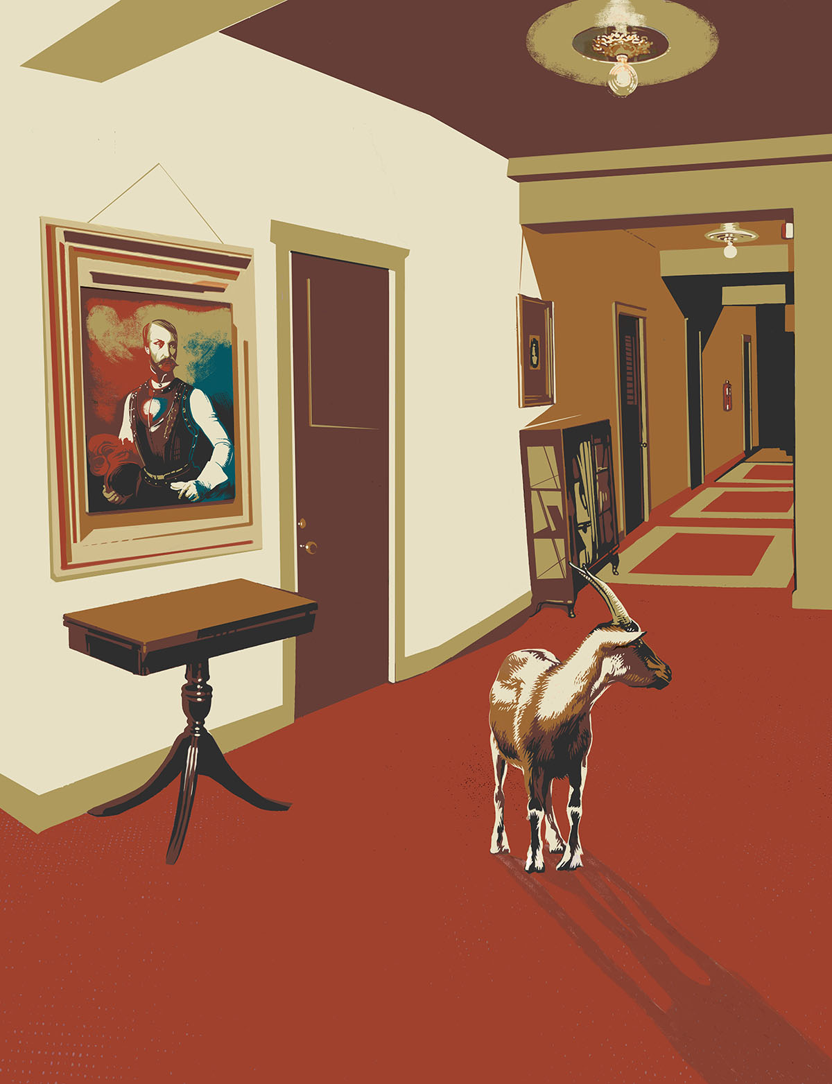 An illustration of a goat standing in a hallway with a rich red rug and portrait on the wall and ornate light fixture