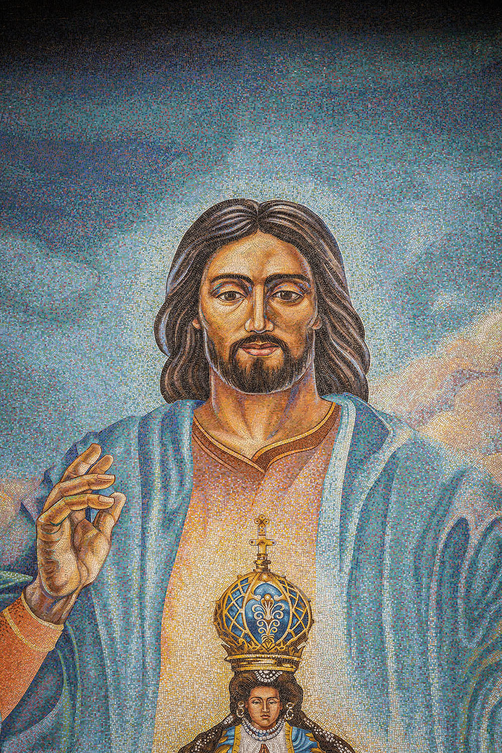 A tiled portrait of Jesus Christ wearing blue robes