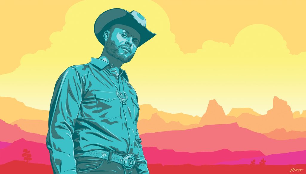 A colorful illustration of a man in a cowboy hat in a desert scene