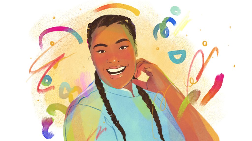 An illustration of a woman with dark braids and a colorful background