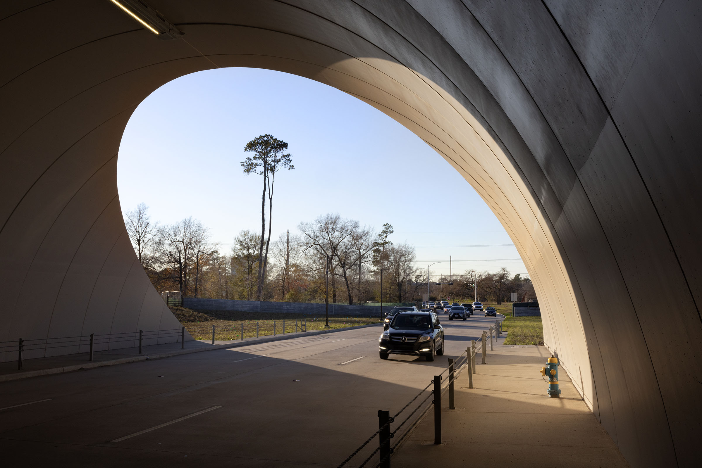 A car approaches a tunnel entrance with blue sky and tall trees behind