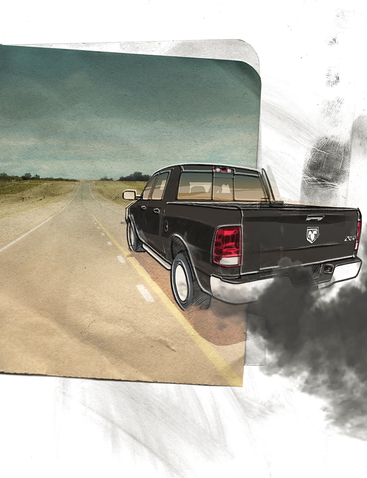 An illustration of a black Dodge truck driving on a highway with a cloud of black exhaust