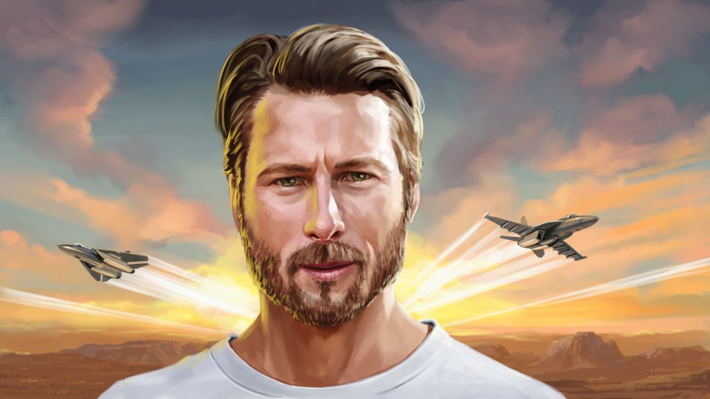 An illustration of a man staring intently at the camera, with military planes and clouds behind
