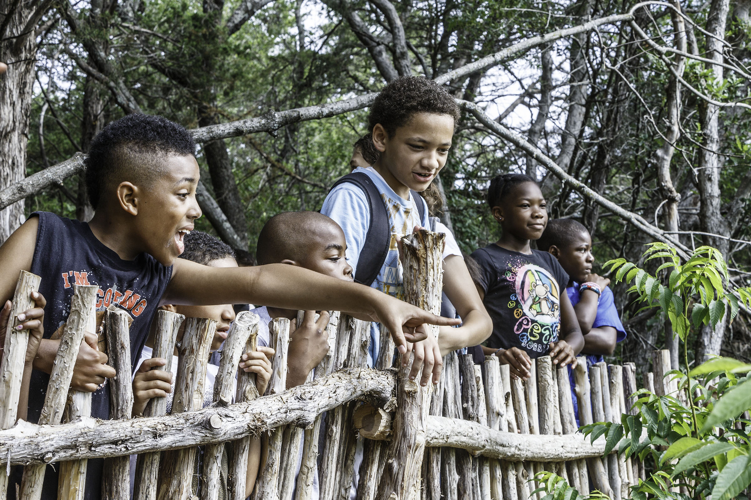A group of young people lean over a wooden fence in a lush wooded environment