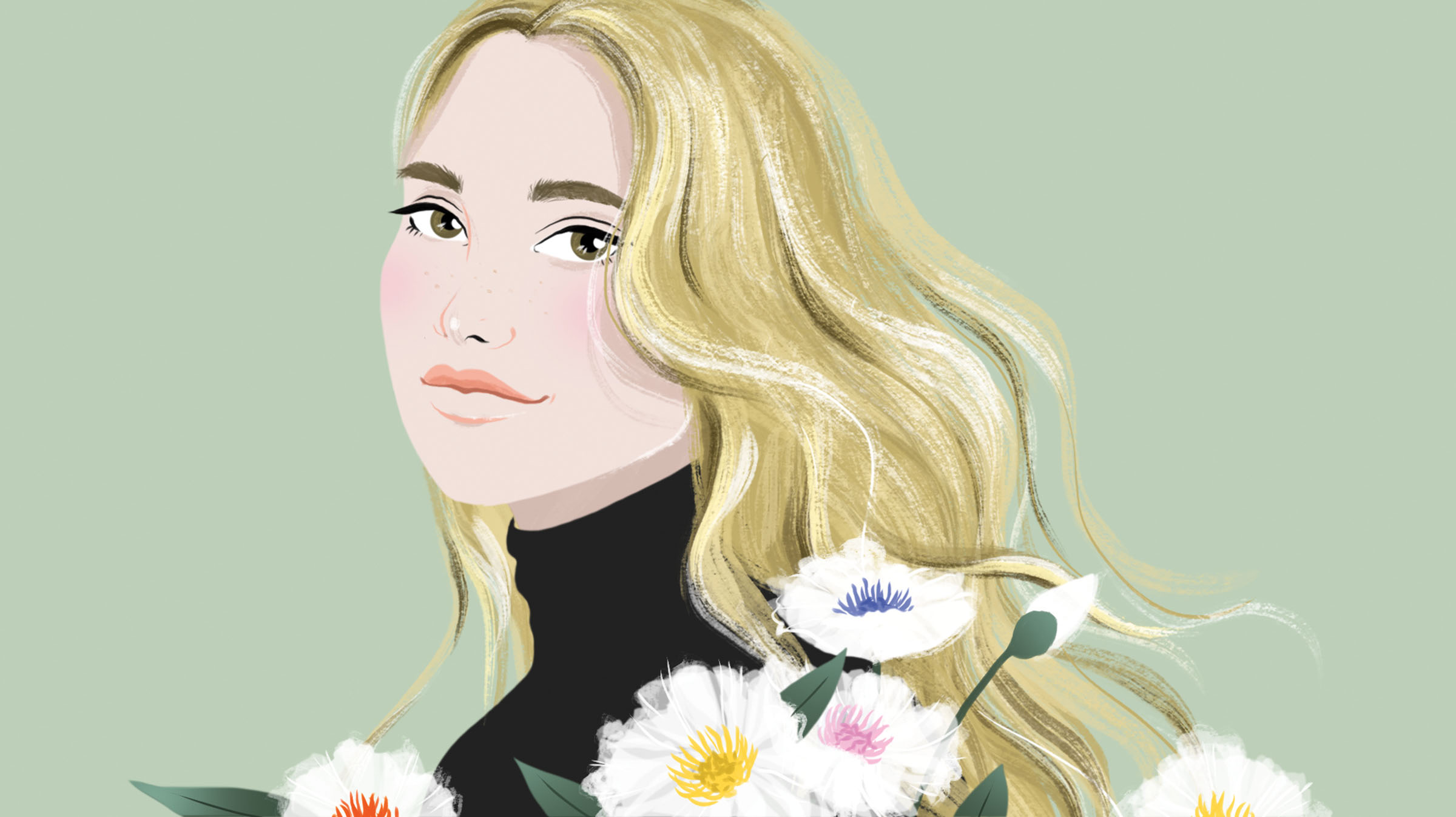 An illustration of a woman with blonde hair in front of a collection of white flowers