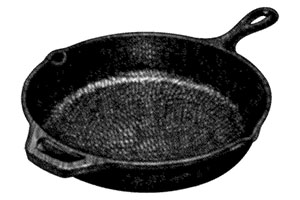 A black and white illustration of a cast-iron skillet