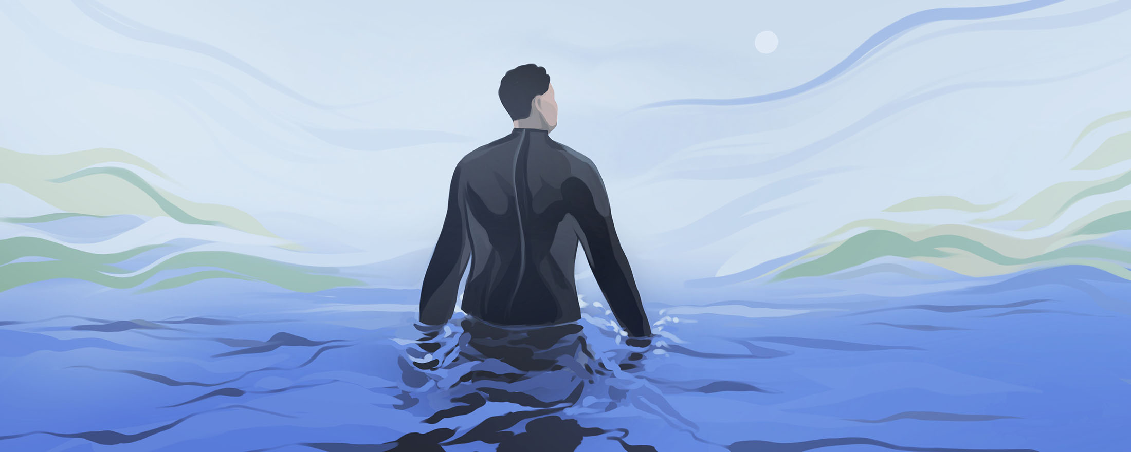 An illustration of a person in a wetsuit standing in dark blue water