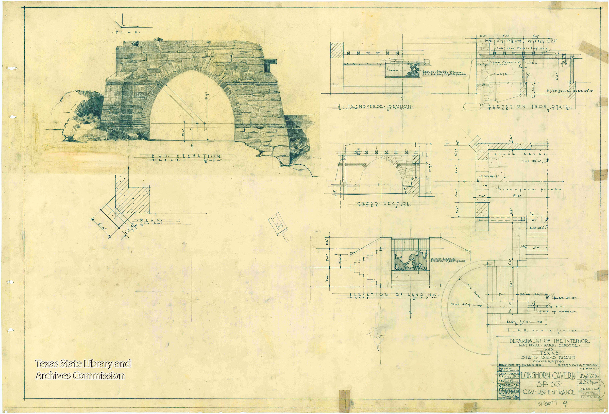 A blueprint showing a brick arch and portions of the cavern system