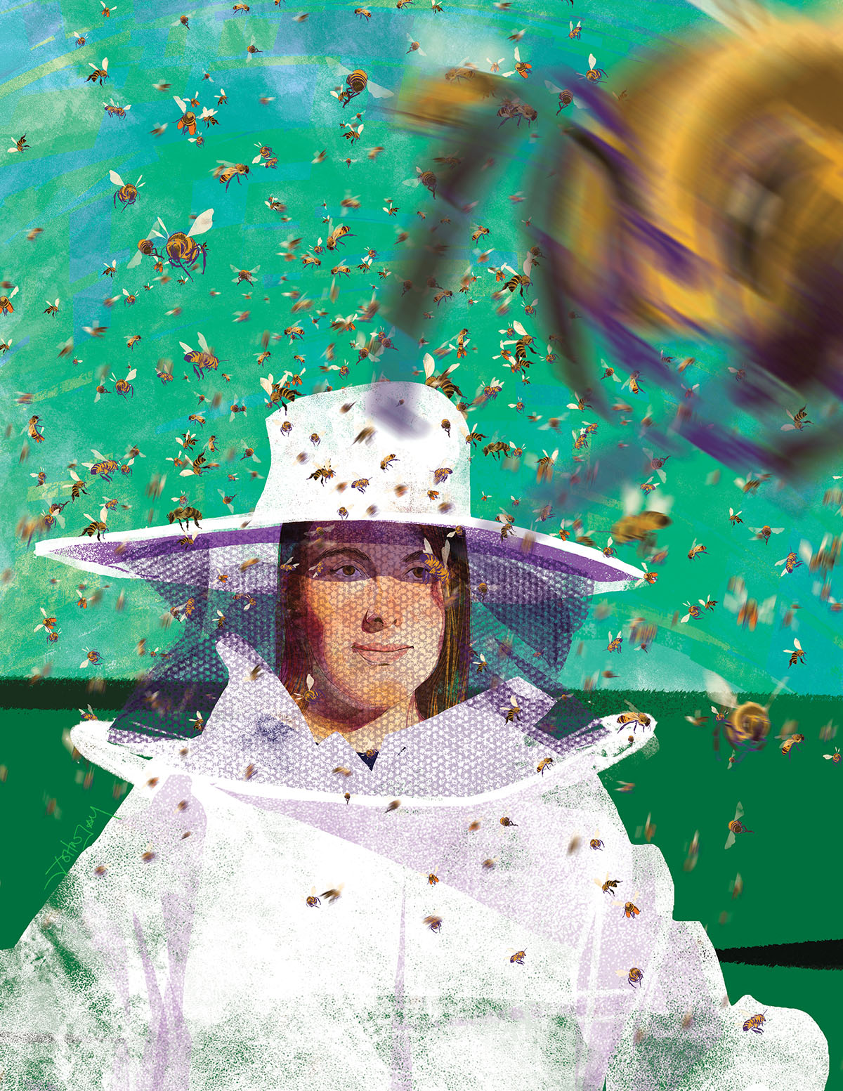 An illustration of a woman in a white beekeeping outfit behind a large swarm of bees