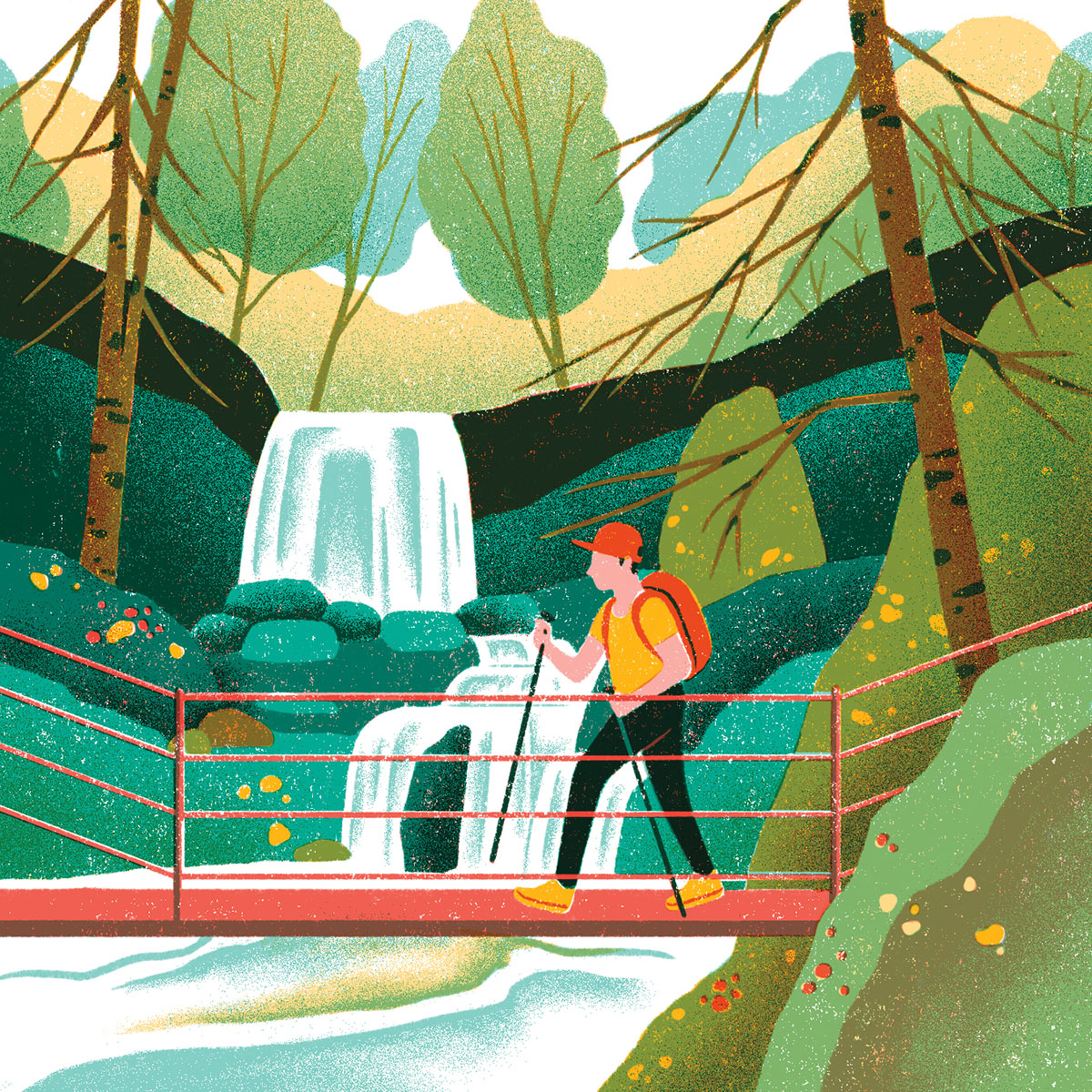 An illustration of a person walking on a bridge over waterfalls
