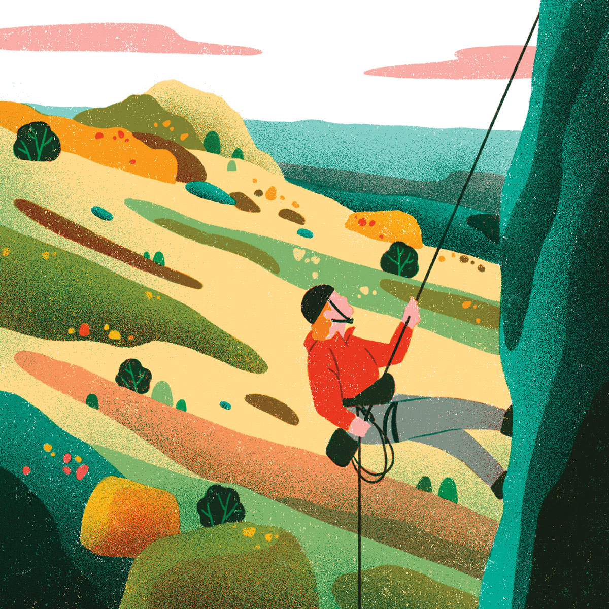 An illustration of a person in a red shirt and black helmet belaying down the side of a large rock